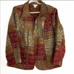 CJ Banks Tapestry Full Zip Burgundy Red Orange Brown Cream Floral Swirl Blazer